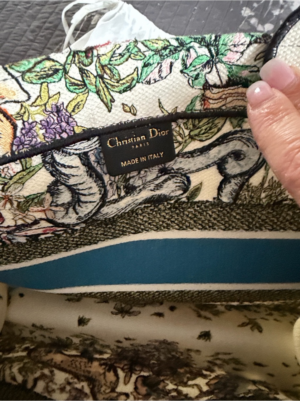Dior Cream Canvas Floral & Blue Stripe Book Tote - Picture 3 of 8